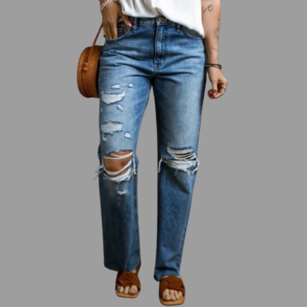 Women's Blue Distressed Raw Hem Straight Leg Denim Jeans Size 16